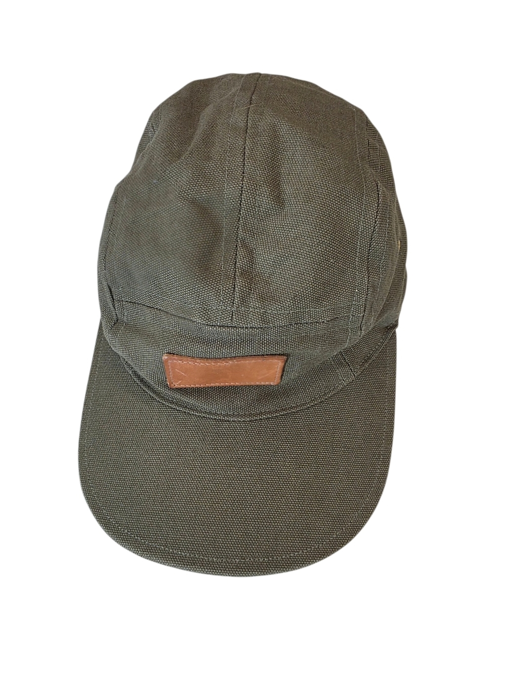 Olive Green Canvas 5-Panel Cap with Leather Accent